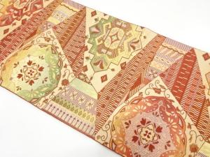 切りばめ風　幾何学に華紋織り出し　名古屋帯